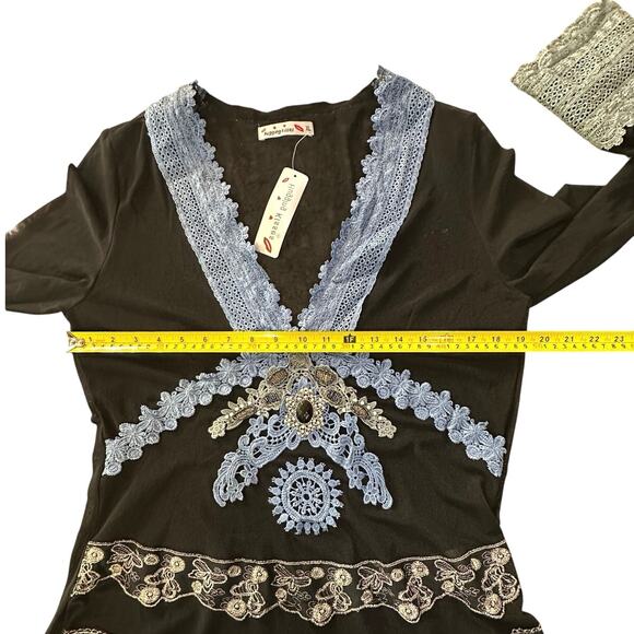 NWT Hugging Kisses Black Mesh Lace Embellished Top SZ XL Whimsigoth Gothic Glam - Picture 14 of 16